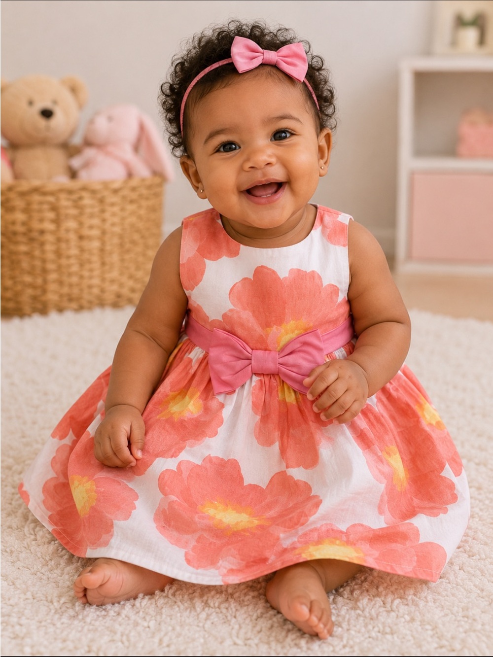 Gymboree Girls Floral Print Dress Orange Coral Pink Bow Summer Party